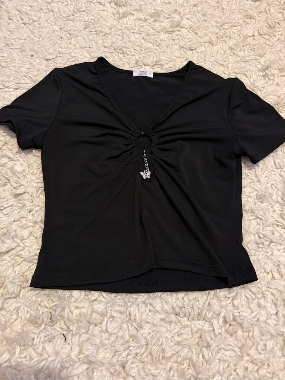 Ardene Black V-Neck Crop Top with O-Ring Butterfly Charm